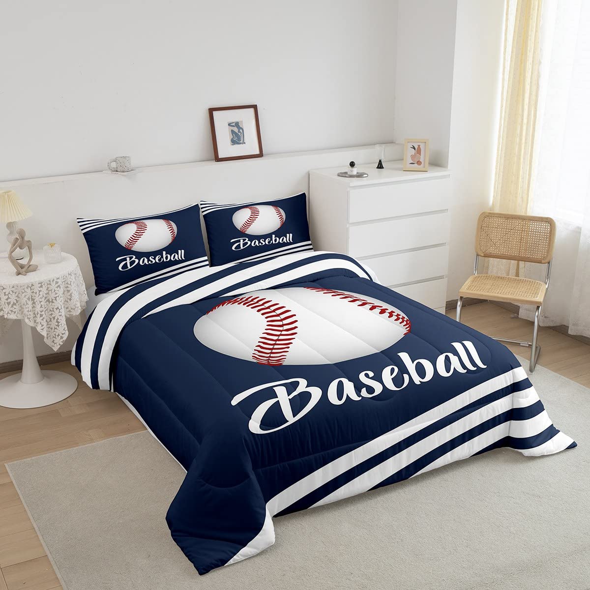 Feelyou Baseball Comforter Set Full for Boys Baseball Bedding Set for Kids Baseball Navy Blue Kids Baseball Comforter Bedding Set with 2 Pillowcases, Sports Baseball Quilt Set, Multi 125