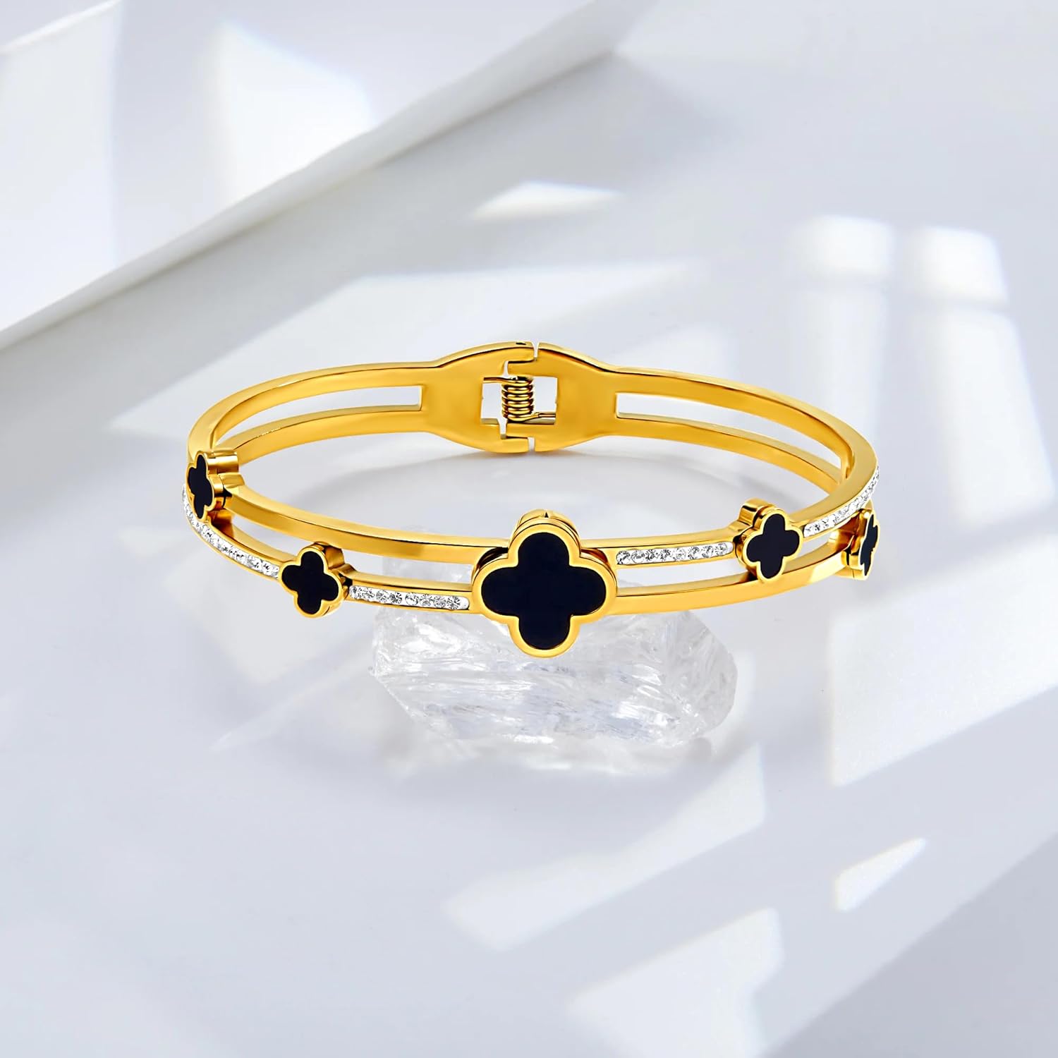 18K Gold Plated Zircon Four Leaf Clover Bracelet for Women, Thin to Medium Wrist | Jewelry for Women | Gift for Christmas, Birthdays, Anniversary