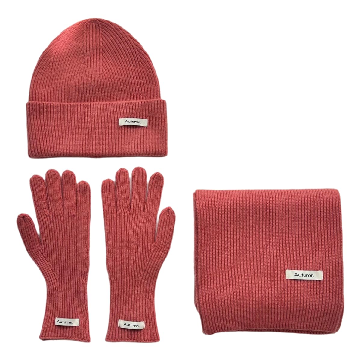 Set rosa de gorro, bufanda y guantes de punto para regalar en invierno