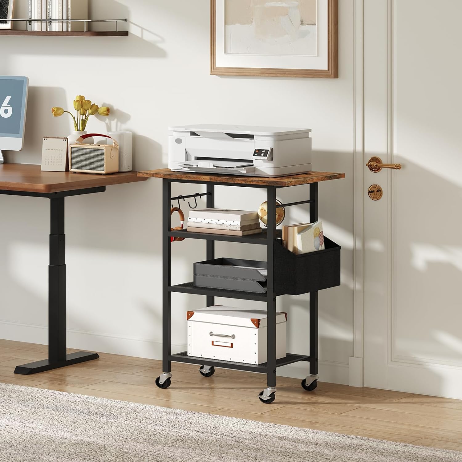 4-Tier Printer Stand, Rolling Printer Table on Wheels, Industrial Storage Stand with Side Pocket, Wooden Tabletop, 2 S-Shaped Hooks, for Home Office, Rustic Brown and Black PTHR2601