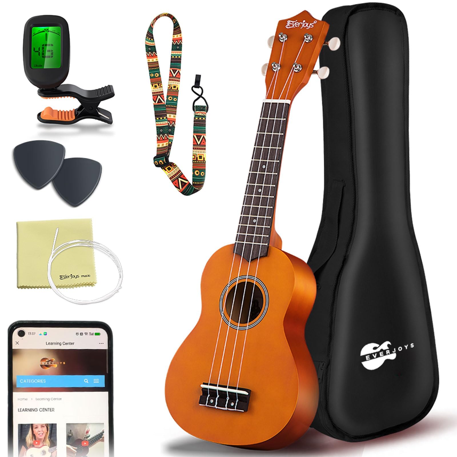 Everjoys Soprano Ukulele Beginner Kit 21 Inch w/Free Online Lesson Gig Bag Tuner Picks Strap, Fast to Learn (Honey)