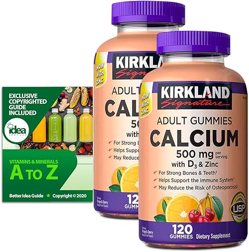 Kirkland Signature - Gomitas de calcio de 500 mg con D3 y zinc, salud ósea, 120 gomitas (paquete de 2) paquete con vitaminas y minerales exclusivos,