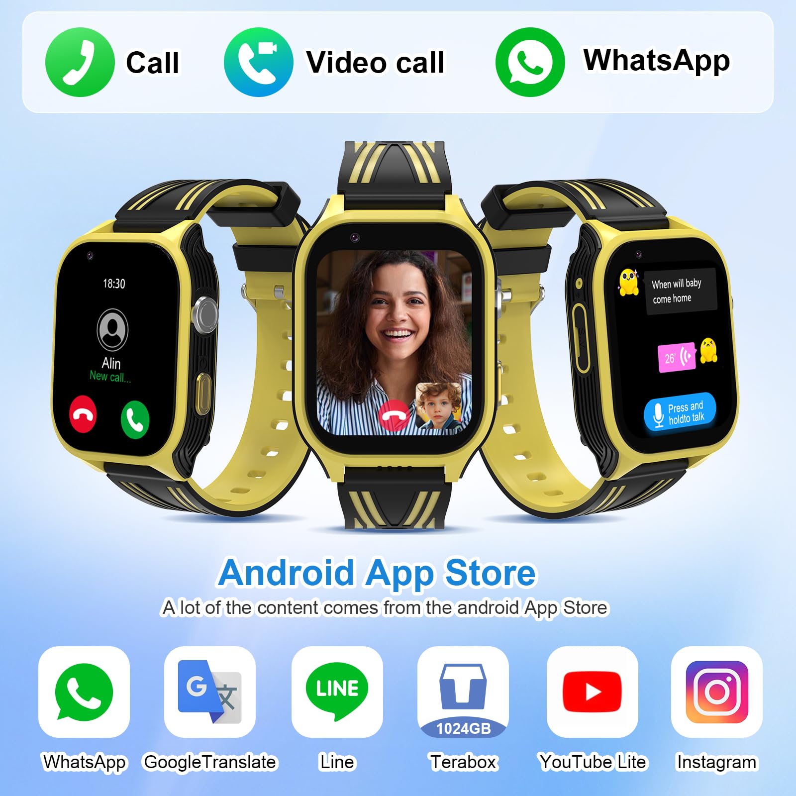Reloj inteligente 4G para niños – Reloj inteligente para niños y niñas, reloj inteligente WhtasApp Bluetooth videollamada SOS alarma de chat de voz, podómetro, cámara de música, seguimiento en tiempo