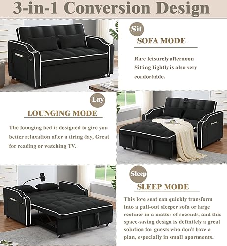 Miniatura 3 de Sofá cama convertible con puertos USB, sofá cama extraíble con soporte giratorio para teléfono, moderno sofá biplaza de terciopelo con soportes para