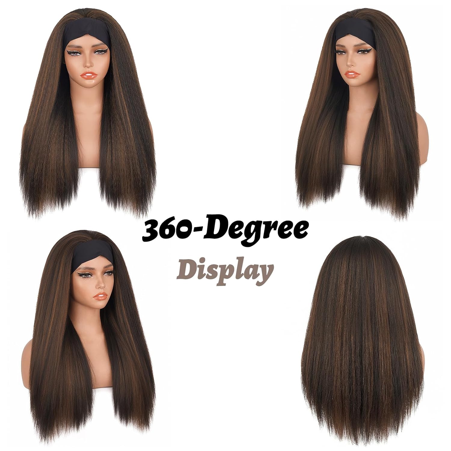 Kinky Straight Headband Wig, Yaki Straight Headband Wigs for Black Women, Synthetic Half Wigs with Black Headband, Glueless & No Lace Front, Soft Natural Look & Easy to Style
