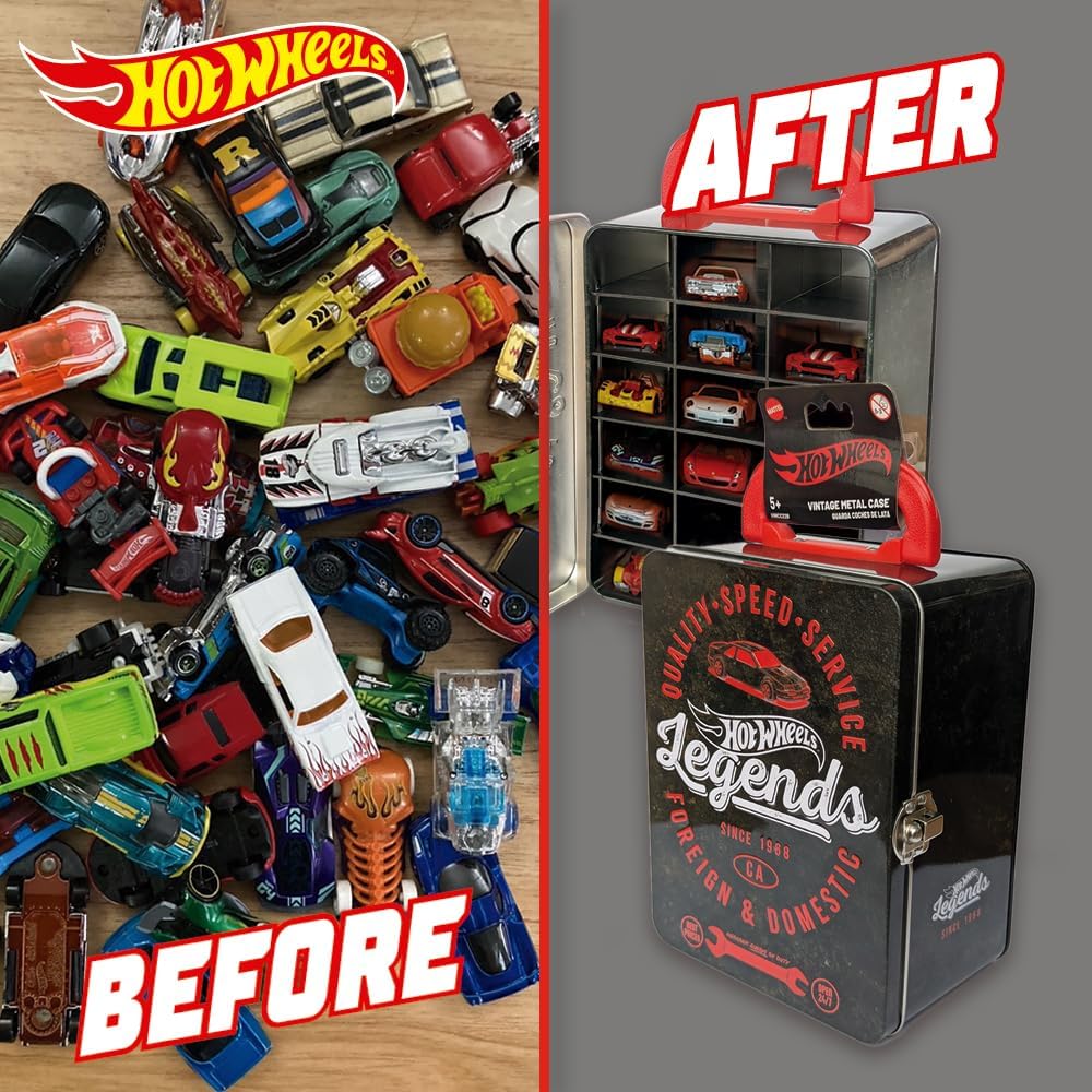 Hot Wheels 1:64 Scale Metal Car Tote Bag 18 Toy Storage and Organizer Gift for Collectors Kids Ages 3+ 3D HW Racing Lid Design (Cars Not Included)