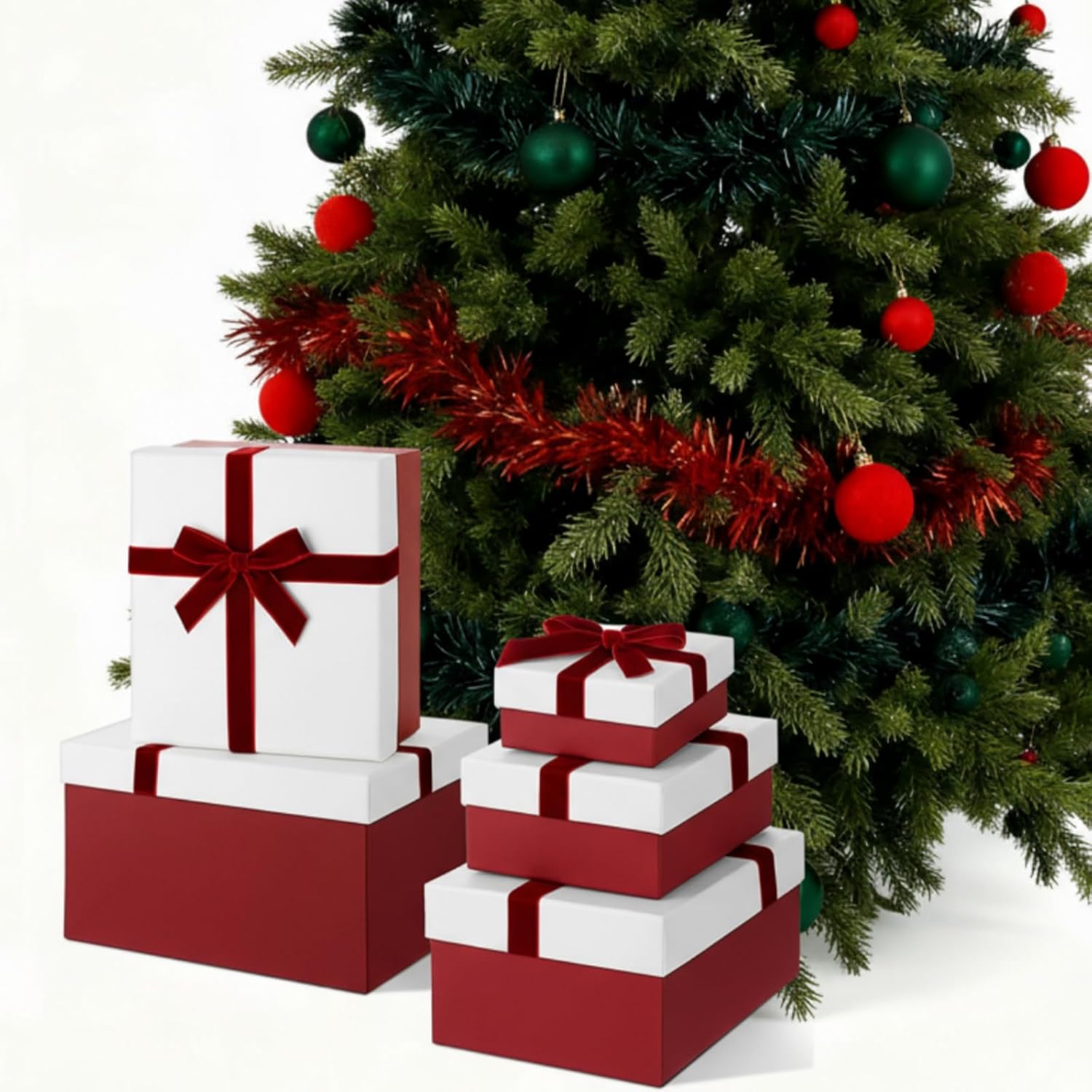 Cholemy 5 Pcs Luxury Nesting Gift Boxes with Lid and Velvet Ribbon Assorted Size Decorative Box Wrap for Present Wedding Graduation Birthday Anniversary Party Favor(Wine Red)