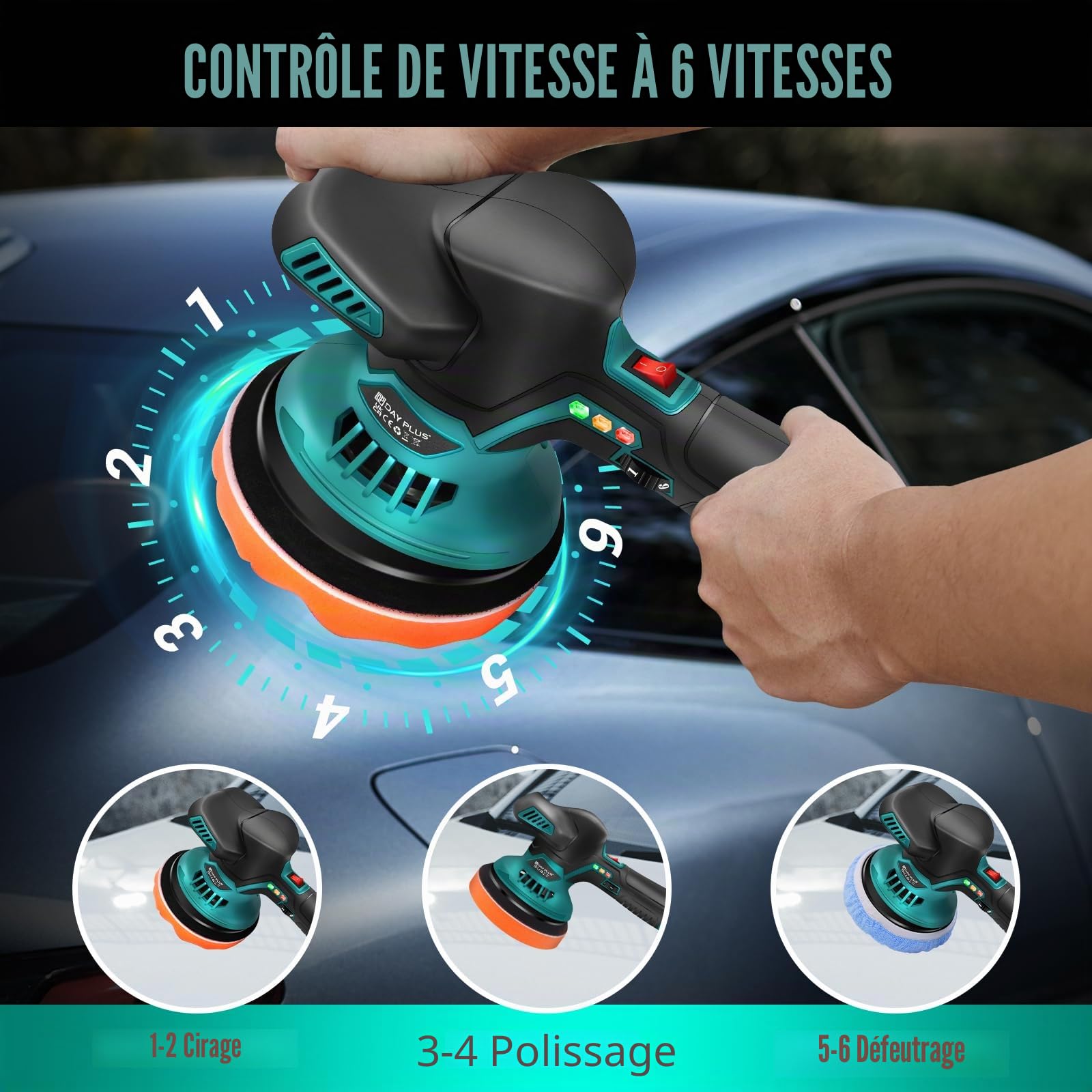 Polisseuse pour voiture à batterie, ensemble de polissage pour voiture à 6 vitesses variables 2800-5500 tr/min, 24 pièces d'embouts, 2 x batterie 12V 2,0 Ah - Polisseuse pour voiture pour l'entretien
