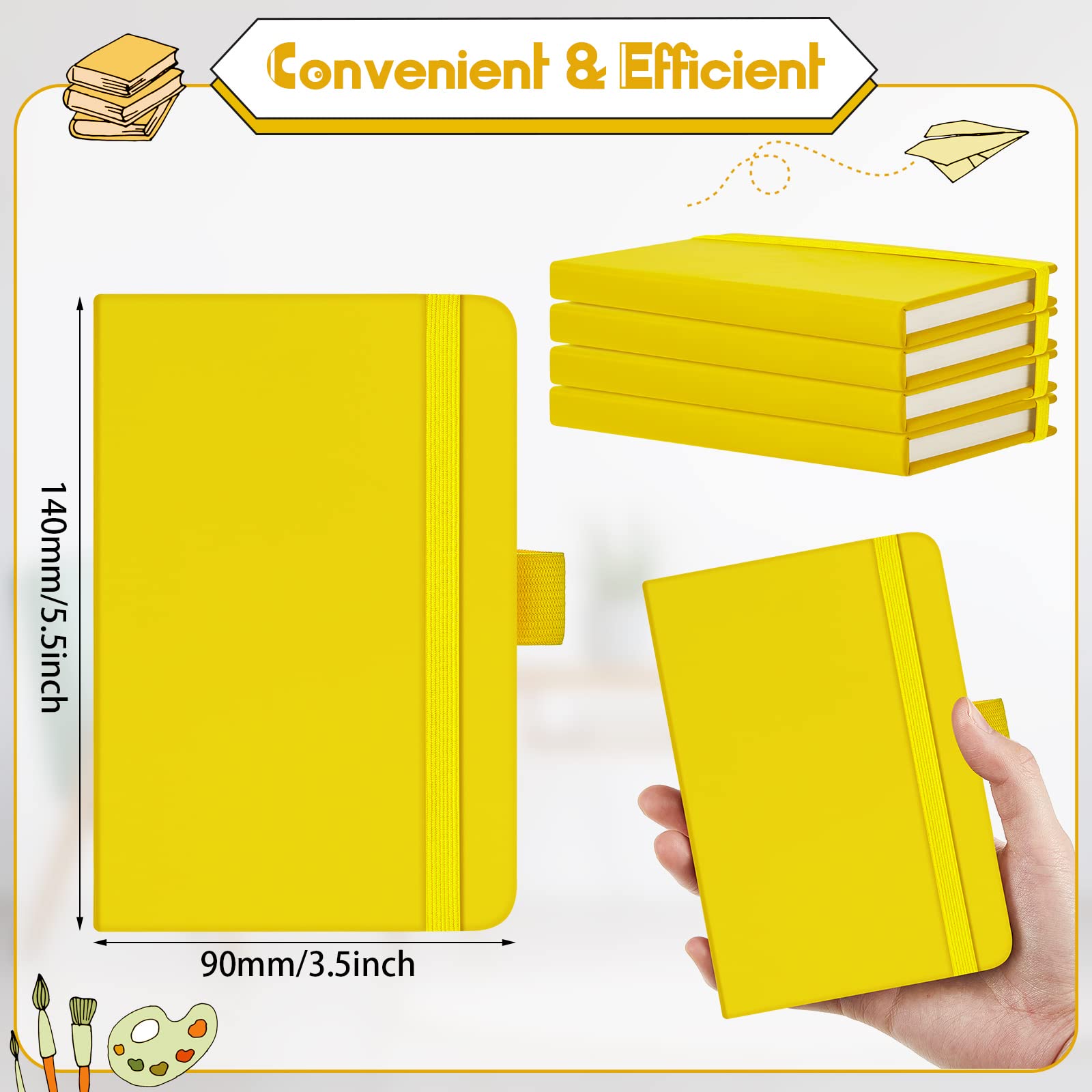 40 quaderni tascabili, formato A6, 8,9 x 14,9 cm, piccoli quaderni in pelle, a righe, con fascia elastica, portapenne, nastri segnalibro (giallo)