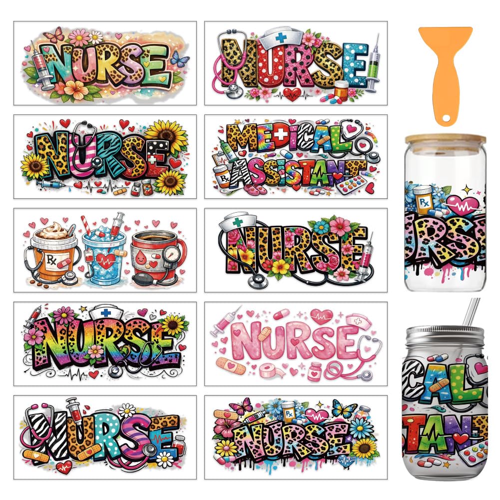 arricraft 10 Sheets Nurses Theme UV DTF Cup Wrap for 16OZ Glass, Large Nurse Images Rub on Decals PVC Transfer Stickers for DIY Cups Window Home Printing Decoration 24x11cm/9.4x4.3inch โ image 1