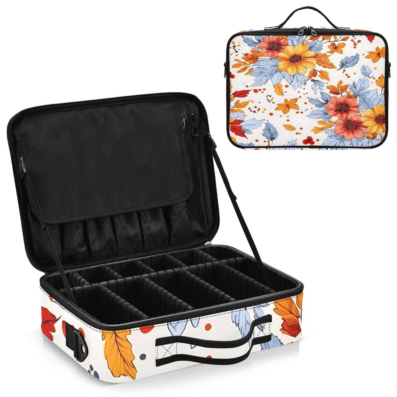 Travel Makeup Train Case Flower Yellow Pattern Blue Leaves Cosmetic Organizer Portable Storage Bag with Adjustable Dividers for Cosmetics Brushes Toiletry Jewelry Digital Accessories