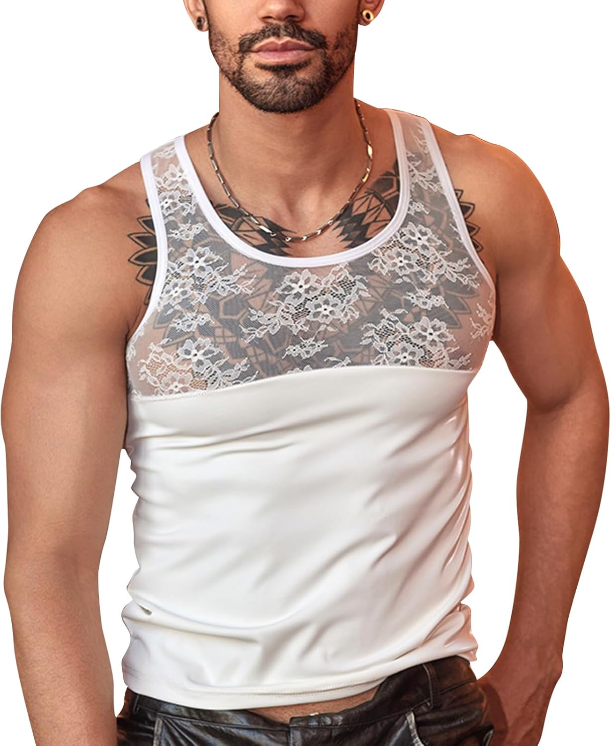 Mens Lace Tank Tops Sexy Sheer Vests See Through Sleeve Shirts - Image 7