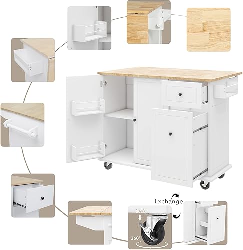 Miniatura 4 de Merax Isla de cocina móvil rodante con parte superior de madera y barra de desayuno de hojas caídas, gabinetecajonesruedas de bloqueoestante para