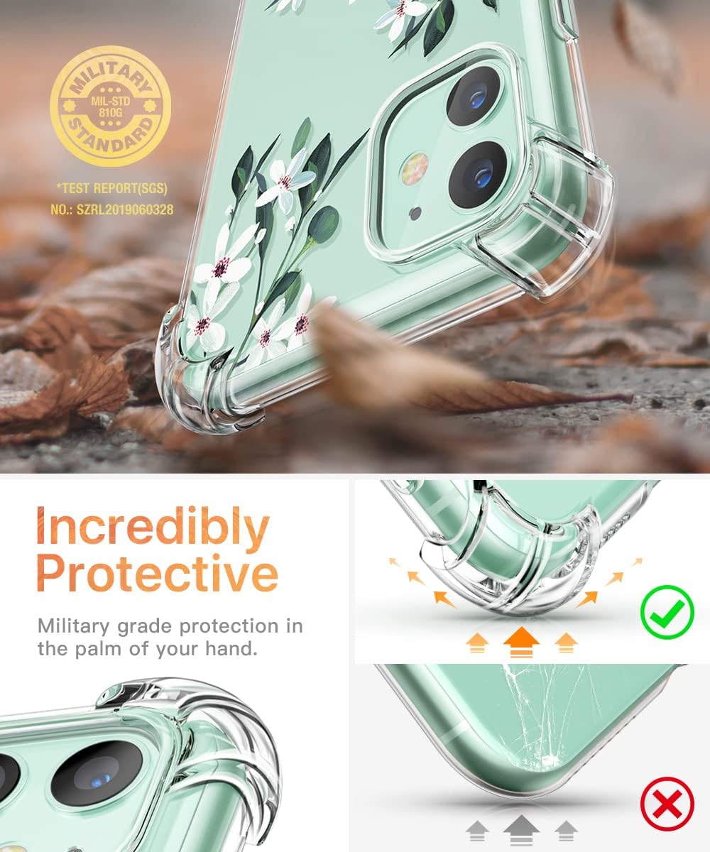 GVIEWIN for iPhone 11 Case with Screen Protector + Camera Lens Protector, Clear Flower Design Soft & Flexible TPU Thin Shockproof Transparent Floral Case for iPhone 11 6.1 inch 2019(Jasminum/White)