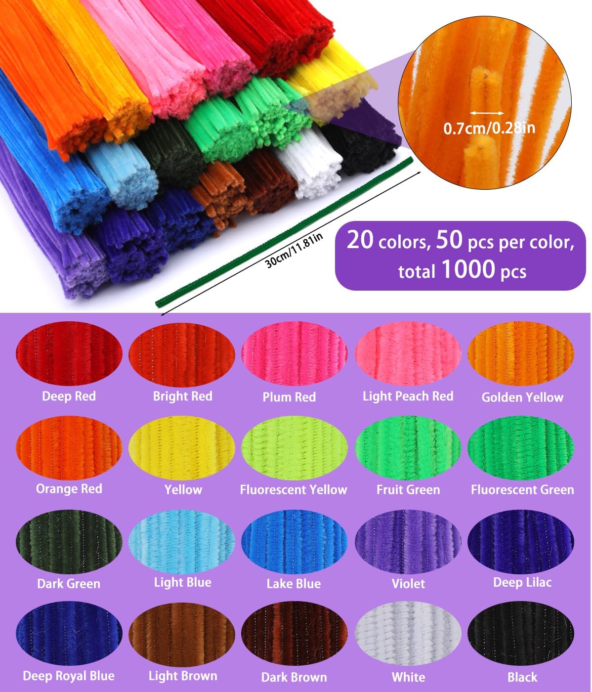 1000 Pcs Pipe Cleaners Bulk Craft Supplies Chenille Stems 20 Colors Craft Pipe Cleaners for Flower Making, Festival Home Decorations, Art Supplies