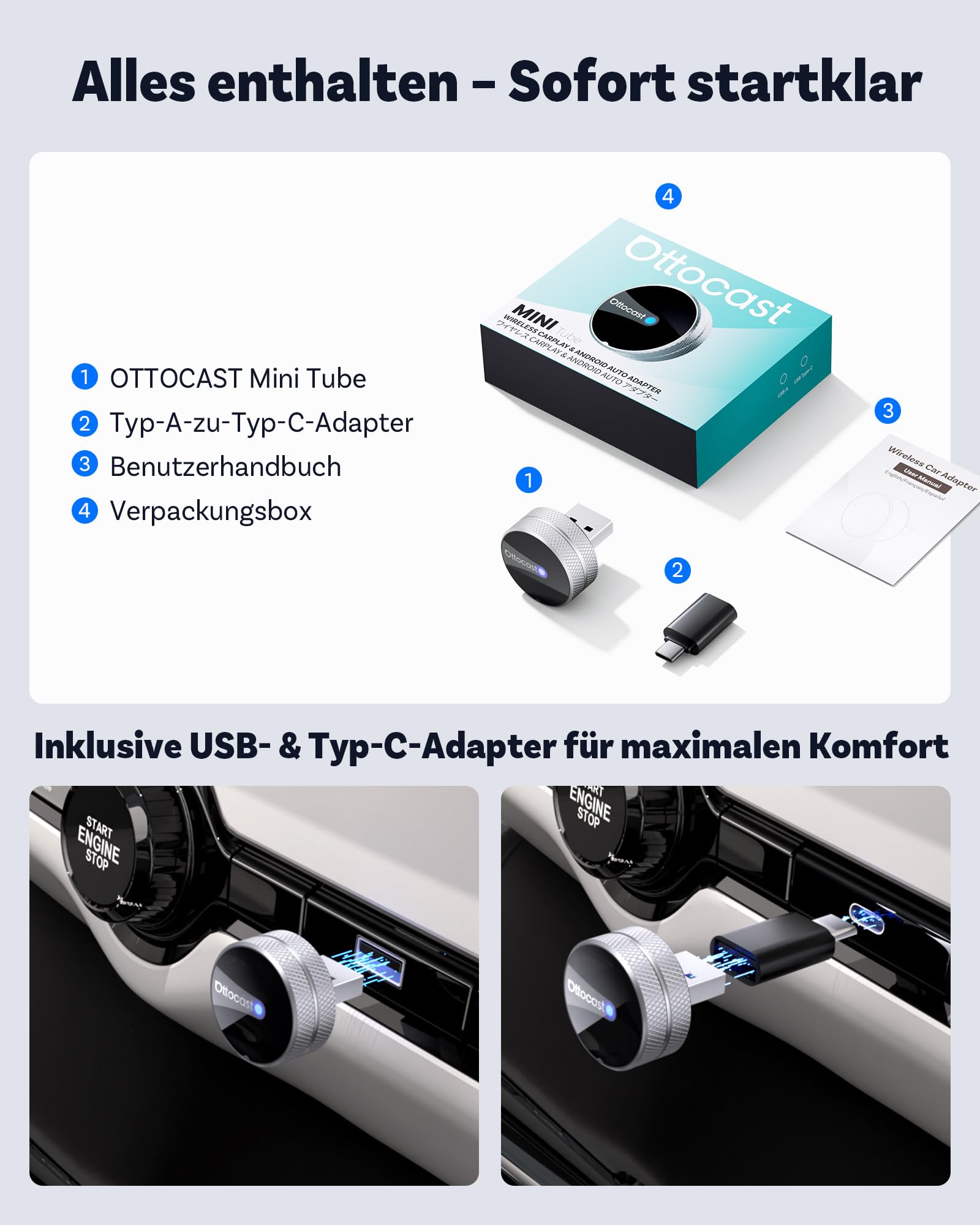 OTTOCAST Mini Tube 2026, Kabelloser CarPlay & Android Auto Adapter für iOS 10+/Android 11+, 5-8s Verbindung, USB-A/Type-C, OTA-Update, Kompatibel mit 99% Fahrzeugen ab 2016 (Nicht für BMW/Tesla)