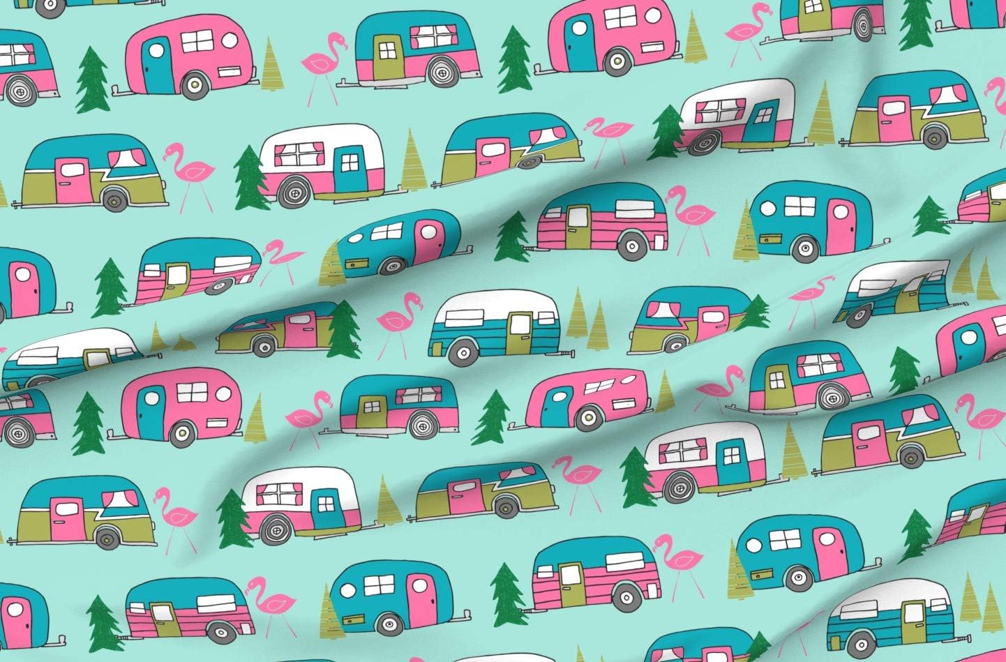 Spoonflower Fabric - Large Vintage Mint Pink Campervan Cute Retro Flamingo Pattern Print Printed on Organic Cotton Sateen Fabric by The Yard - Sewing Quilting Apparel Home Decor