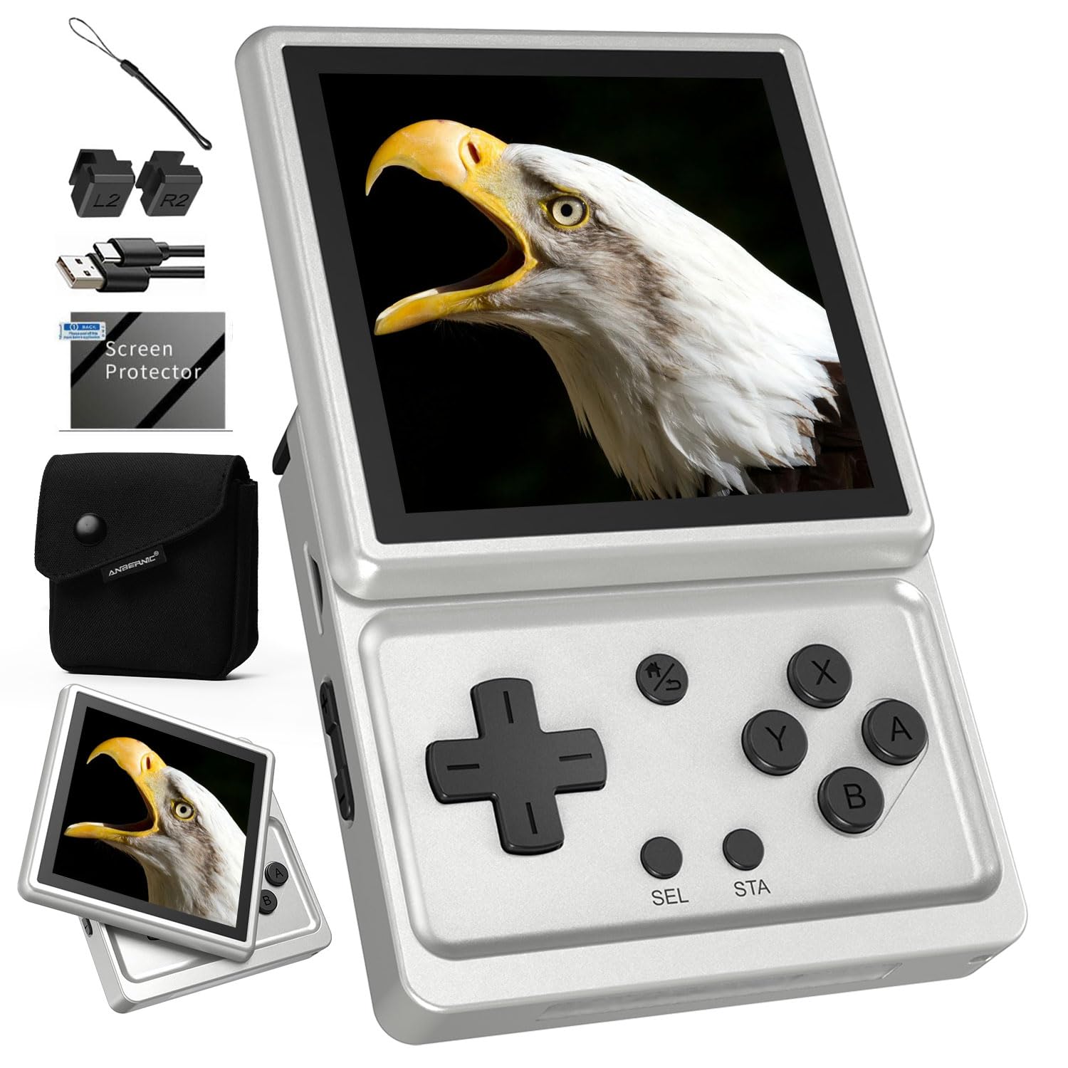 Photo 1 of RG Rotate Retro Handheld Game Console Android 12 System Console with 3.5 inch Swivel Screen Unisoc T618 Chip 3GB+32GB, 2000mAh Aluminum Alloy Body with RG Rotate Carrying Case Bag