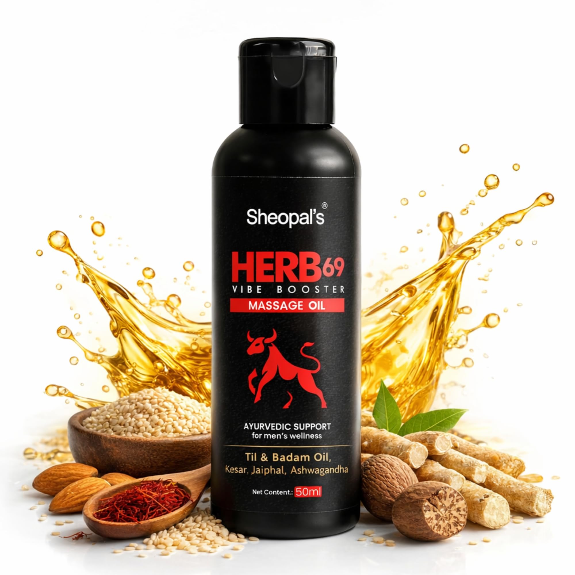 Sheopals Herb 69 Vibe Booster Ayurvedic Massage Oil 50 ml | With Til & Badam Oil, Kesar, Jaiphal, Ashwagandha And 8 More Powerful Herbs Wellness Blend-image-29