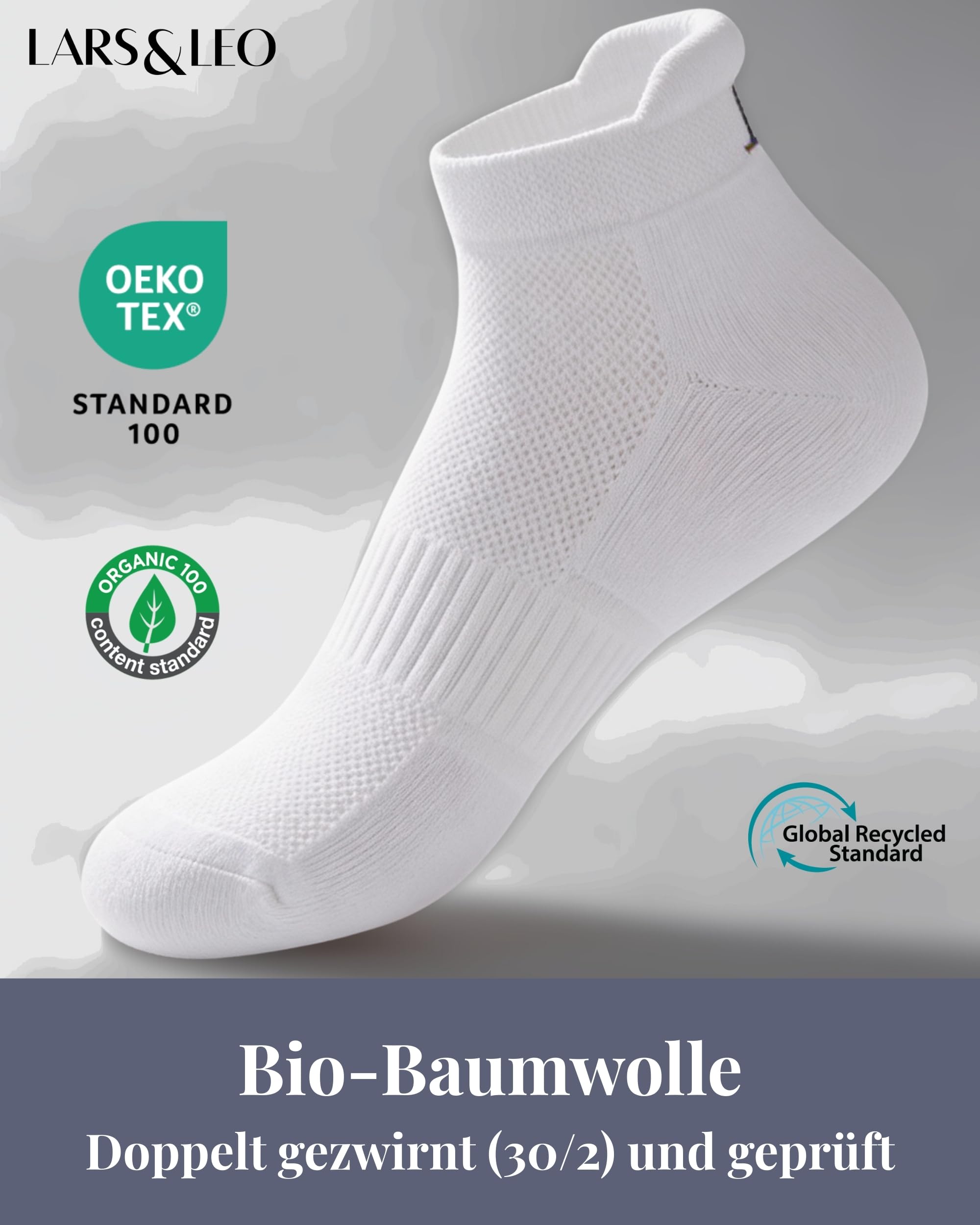 Lars&Leo Kurze Sportsocken Unisex 4 Paar, Bio Baumwolle OEKO-TEX, Polsterung Ferse & Zehen, Mesh-Zone, Laufen Tennis Training