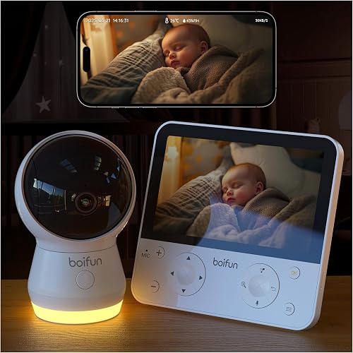 BOIFUN 5.5” 4MP Smart Baby Monitor with Camera and Audio, Night Light, Upgrade AI Alerts (Tummy Sleep & Facial Coverage), Local Monitor & WiFi App, Motion & Sound Alerts, Temp, 360° View, 4000mAh