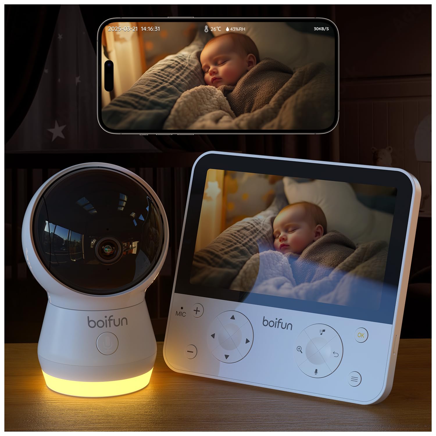 Boifun Baby Monitor 5.5’’ Video Audio con Telecamera 4MP 360° Zoom 4X, WiFi, App controllo fuori casa, AI Intelligente, Audio Bidirezionale, Temperatura & Umidità, Luce Notturna, SD, Batteria 4000mAh
