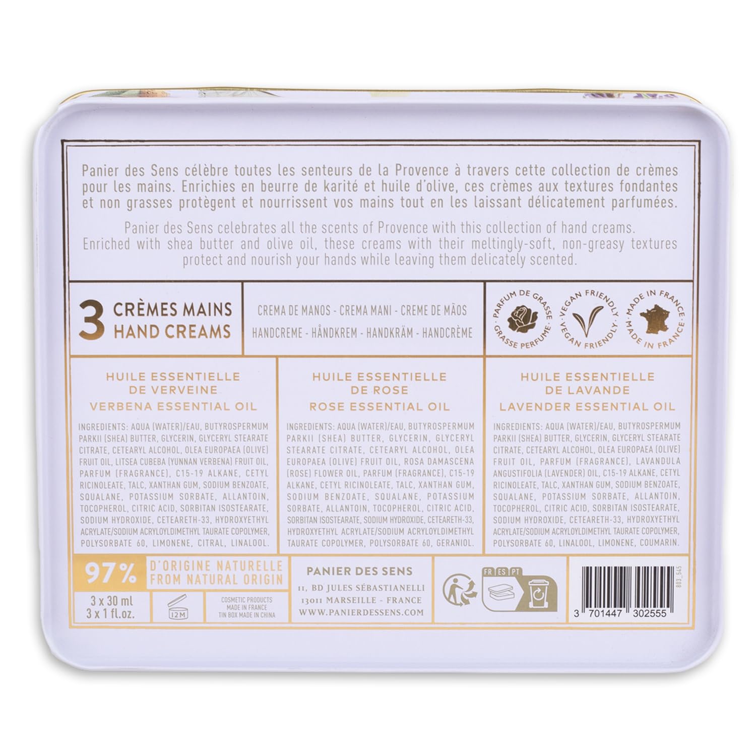 Panier des Sens - Coffret Cadeau Femme - Trio Creme Main Hydratante Lavande, Rose & Verveine - Idée Cadeau Femme Made in France - Coffret - 97% d'Ingrédients Naturels - 3x30ml
