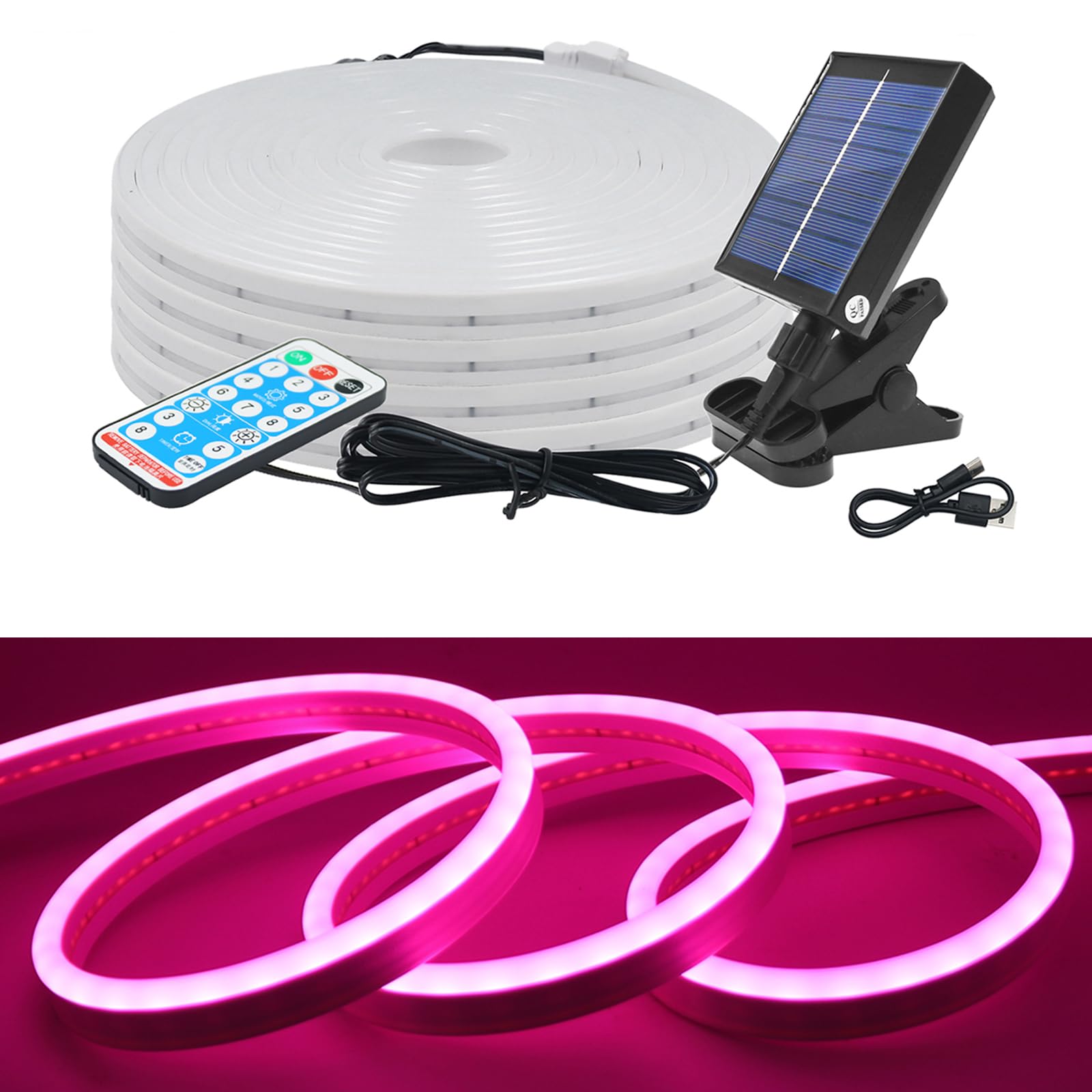 KISUFU 24V Solar LED Neon Strip Lights Outdoor, IP67 Waterproof 120 LEDs/m Dimmable 2835 Neon Light with 1.2W Clip Solar Controller for Yard Garden Decor. — image 1