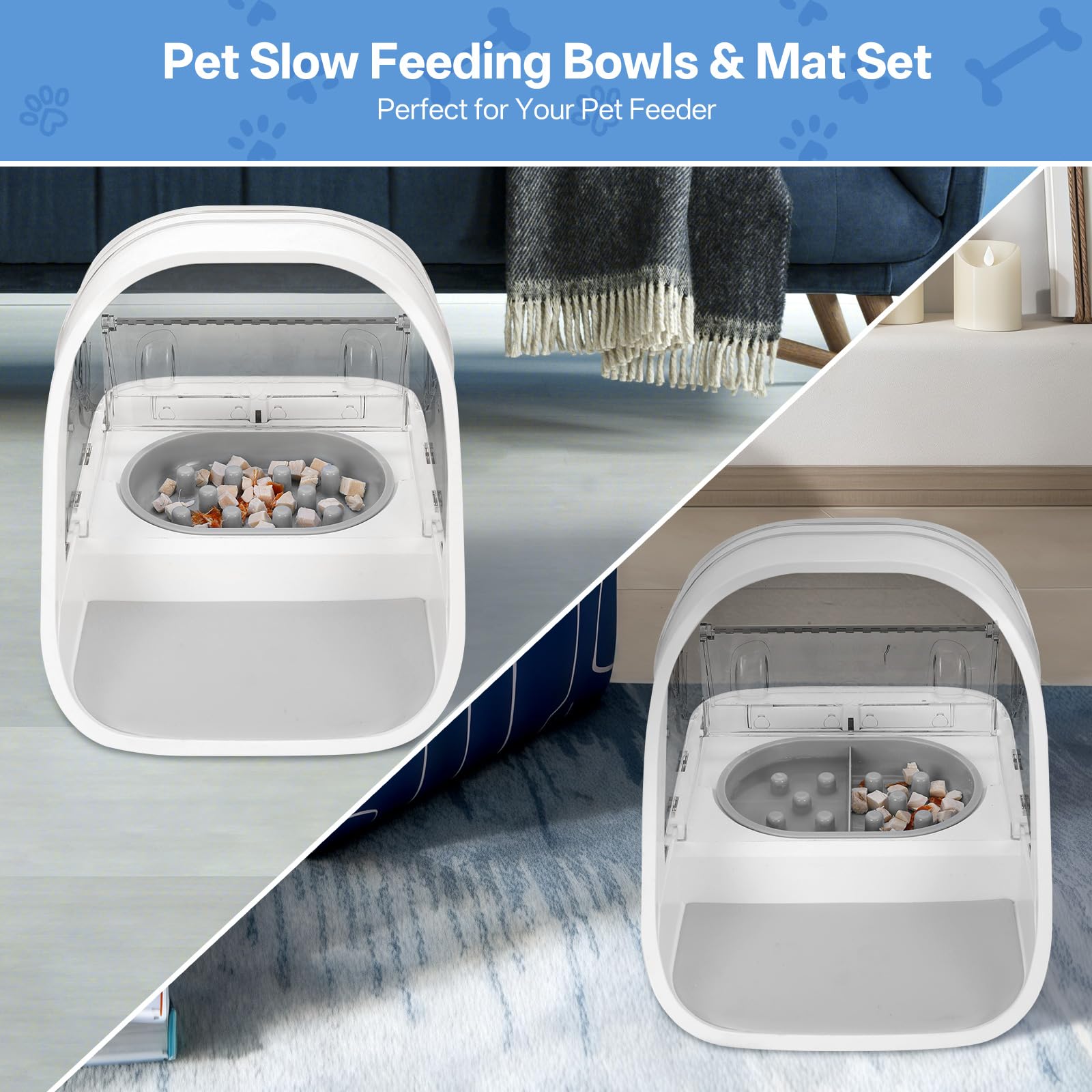 Lot de Tapis et Gamelle Anti Glouton Chat pour Sure Feed Alimentateur Automatique, 1 Bol Simple, 1 Bol Double, 1 Tapis, Promouvoir Une Alimentation Saine, Antidérapant, Facile à Nettoyer