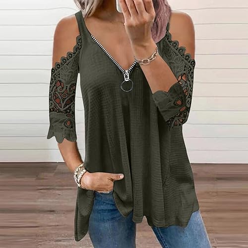Miniatura 2 de JEGULV Blusas de encaje para mujer, blusas de verano con estampado de moda, hombros descubiertos, camisas casuales elegantes, sexy, con cremallera,