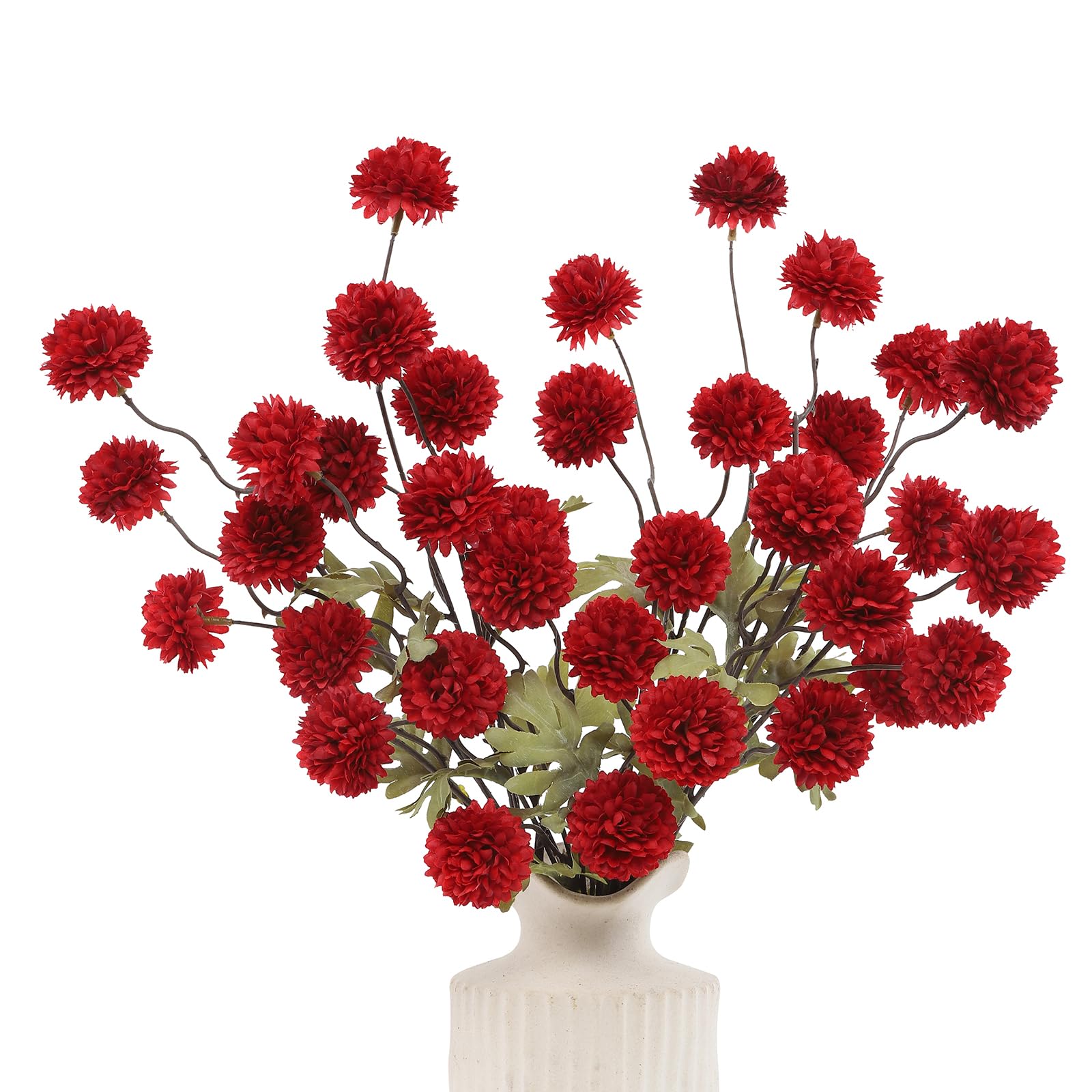 DuHouse 6pcs Artificial Pompon Mum Flowers with Stems, Faux Silk Mini Chrysanthemum Ball for Home Decoration, Bouquets, Table Centrepieces, DIY Floral Crafts(Dark Red)