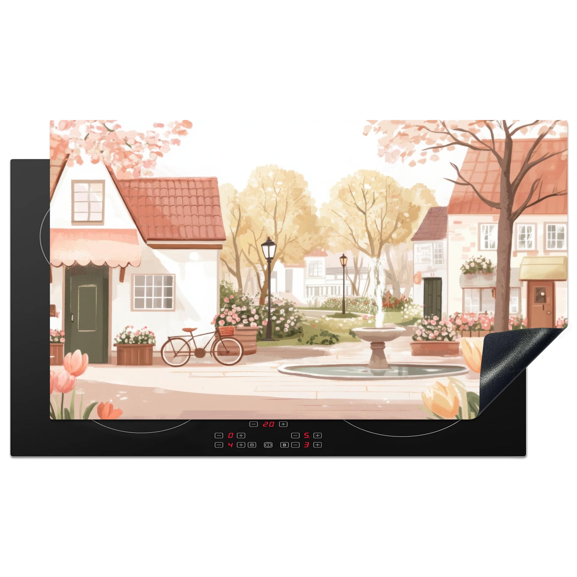 KitchenYeah© Induction Hob Protector Mat 20.5"x35.4" / 90x52 cm Cooker Top Protectors Cover Ceramic Covers Electric Hobs Vinyl Village Square - Fountain - Tulips
