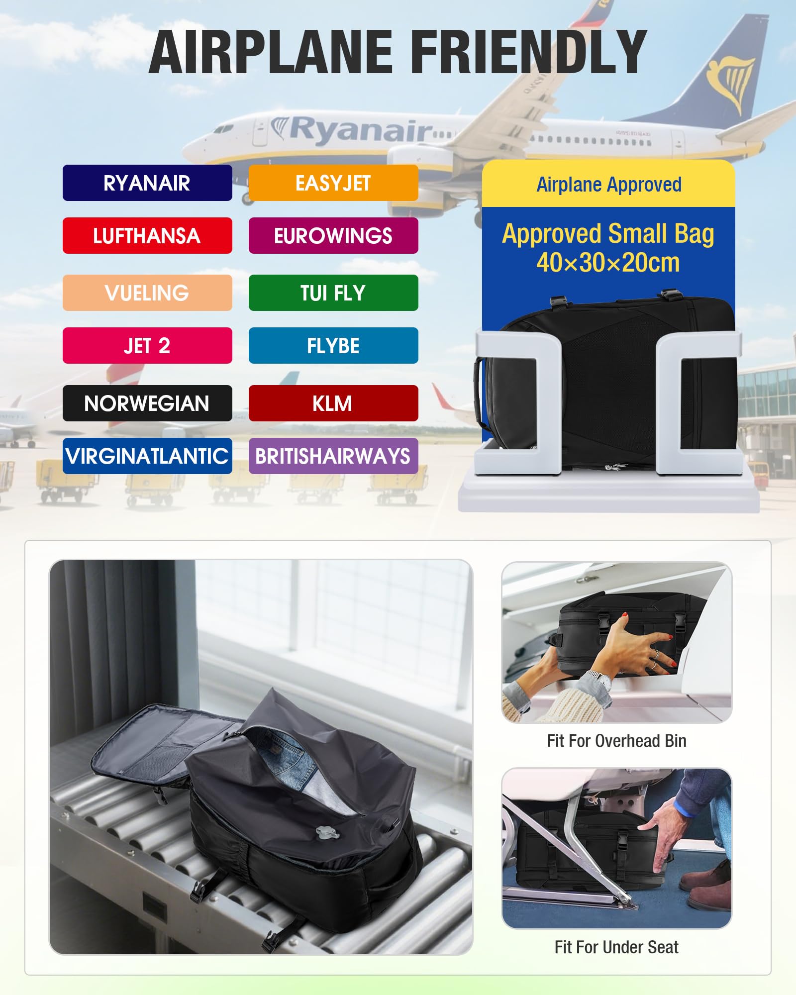 SZLX Zaino Ryanair 40x30x20 Sottovuoto Bagaglio a Mano 40x20x25 Donna Zaino da Viaggio 40x30x20 Wizzair Borse da Cabina per Easyjet 45x36x20 Uomo per Laptop 14 Pollici con Porta USB e Porta Scarpe
