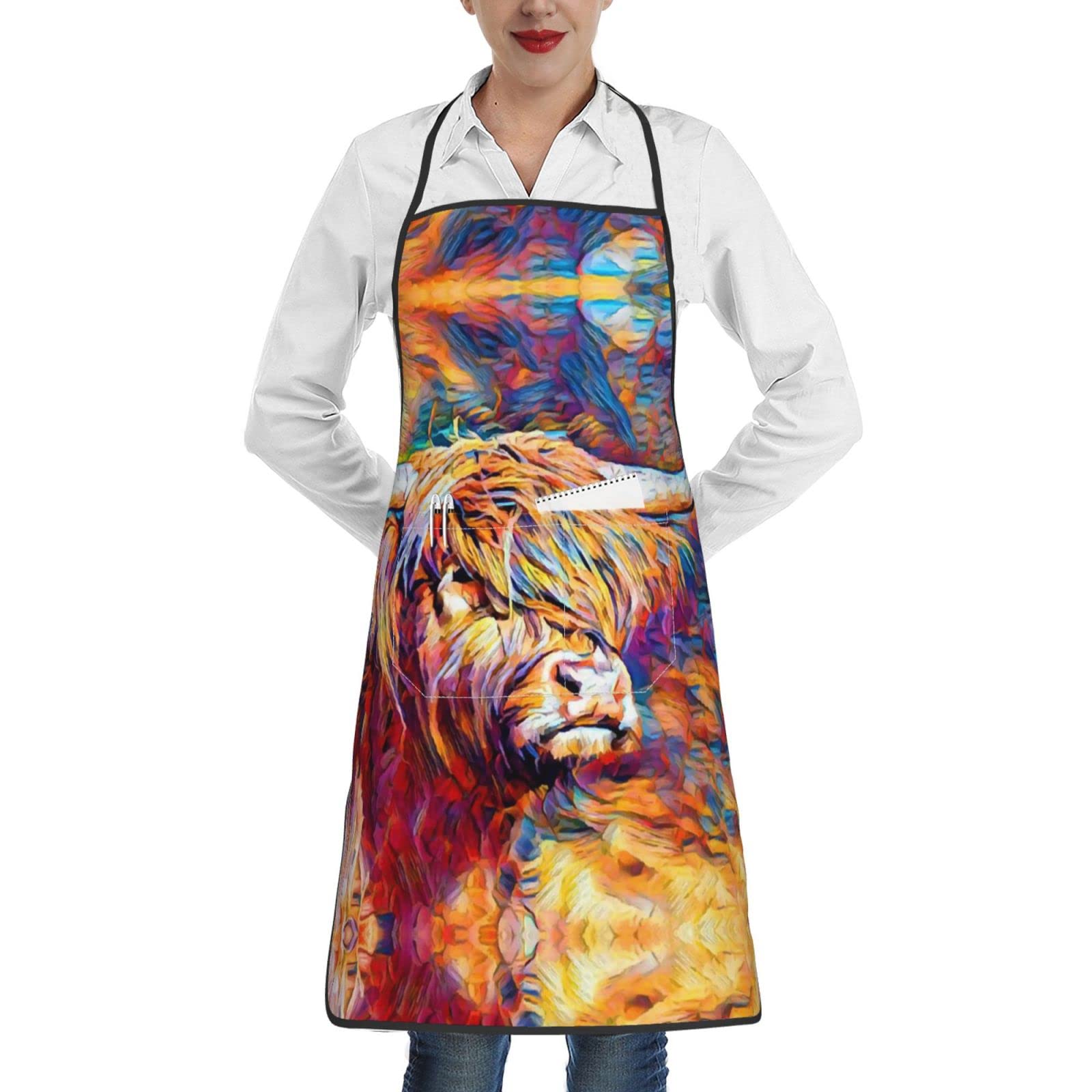 Floral Blue 1 Pack Apron For Women With Pockets, Adjustable Polyester Chef Aprons For Kitchen, Cooking, Bbq, Highland Cow, One Size