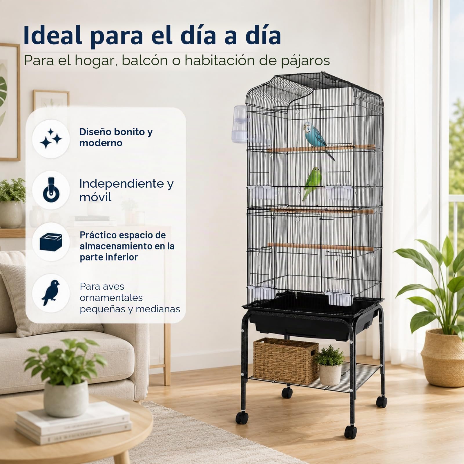 Jaula Grande para pájaros con Ruedas 47 x 37 x 137,5 cm para Loros | Hierro pulverizado, puerta con cierre, barrotes de 1,3 cm, bandeja extraíble, 4 comederos, bebedero, estante inferior