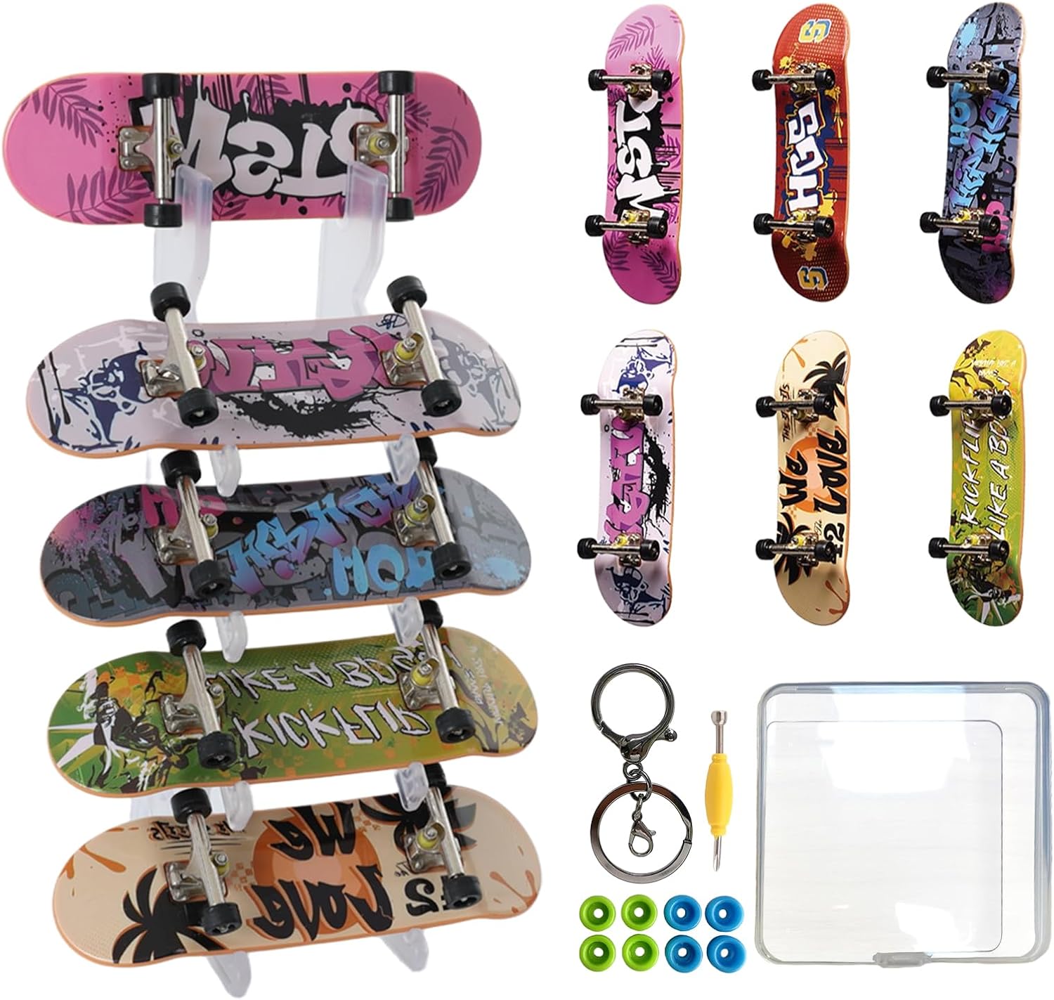 6 PCS Pro Shallow Concave Fingerboard Set | Mini Finger Skateboard Starter Kit with Display Stand | Exquisite Finger Sports Party Favors & Fun Novelty Gift(Special Edition)