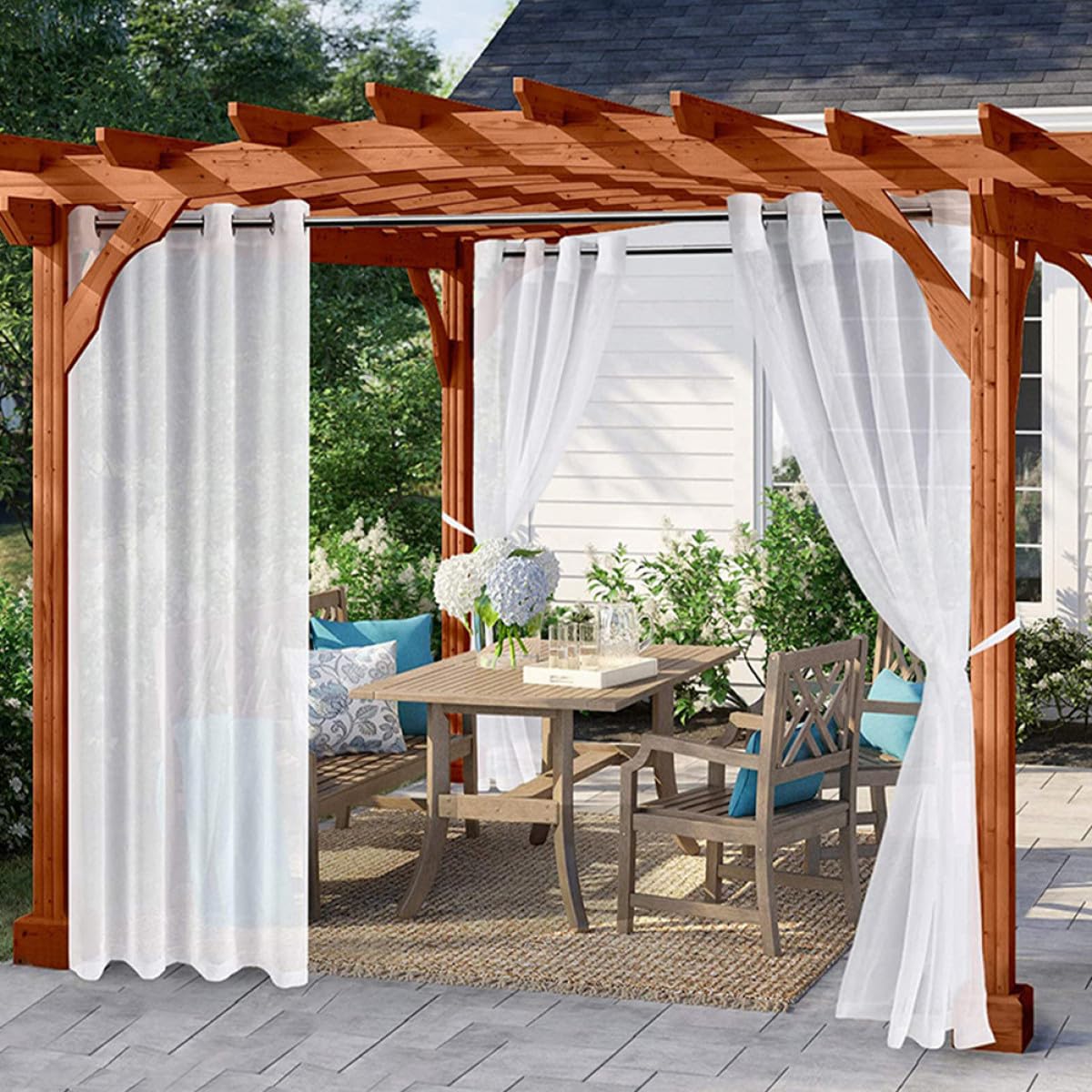 2 Stück Wasserabweisende Outdoor Vorhänge aus Polyester Weiß Lichtundurchlässig Sichtschutz für Garten Balkon und Pavillon