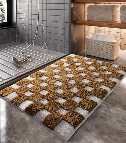 Alfombra de baño a cuadros color caqui, alfombra de baño de tablero de ajedrez, bonita, antideslizante, suave, esponjosa, absorbente, lavable, de
