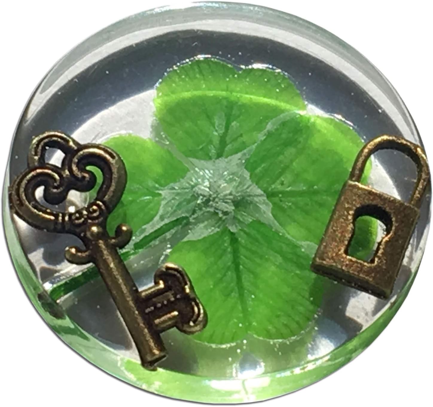 KIN-HEBI Real Four Leaf Clover Good Luck Pocket Token, Preserved, Including Metallic Lock and Key Objects, 1.25”