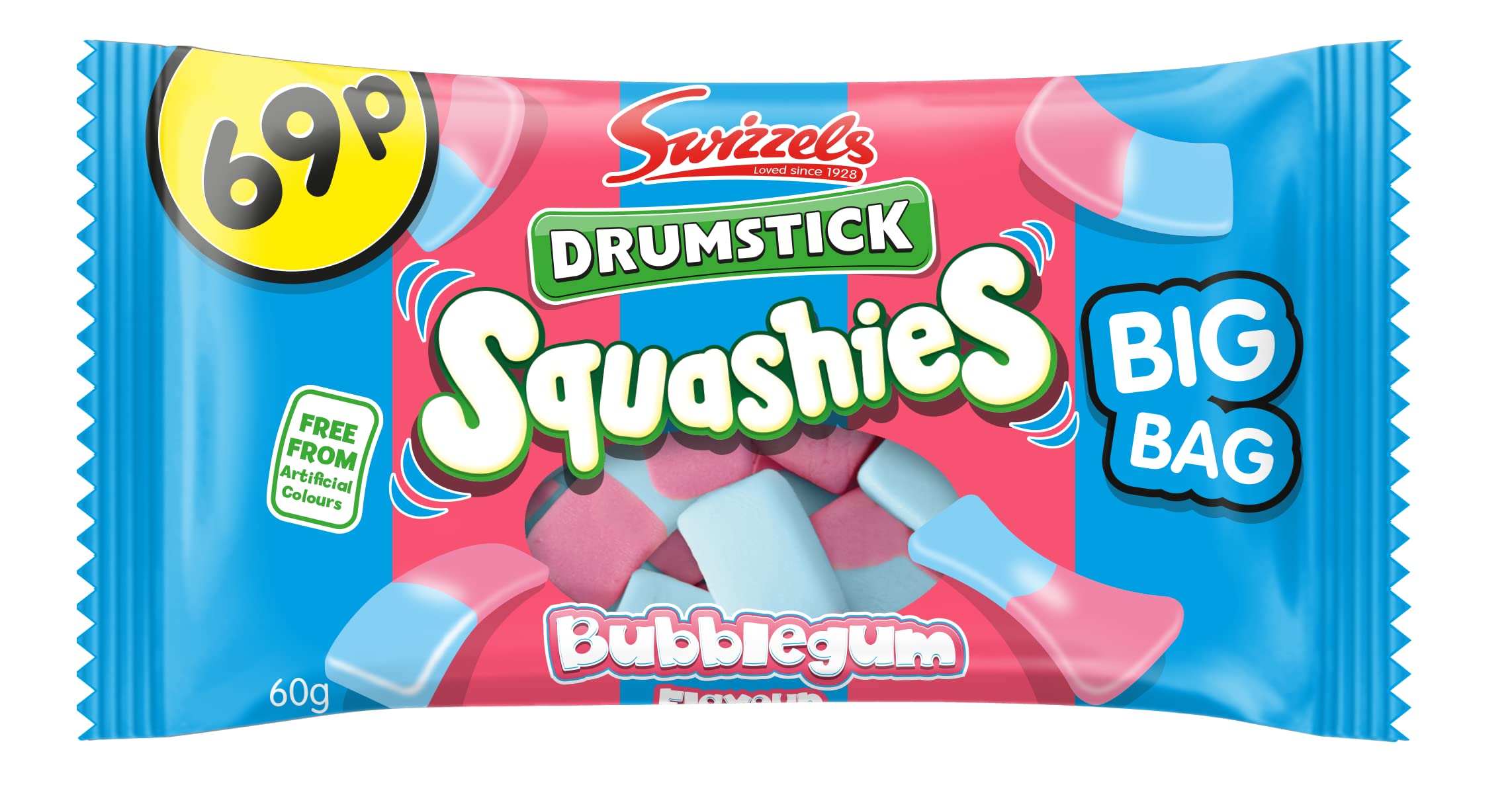 Swizzels Drumstick Bubblegum Squashies Big Bag Sweets, Bubblegum Flavour Foam Gum Sweets - Multipack Box (30 x 60g)