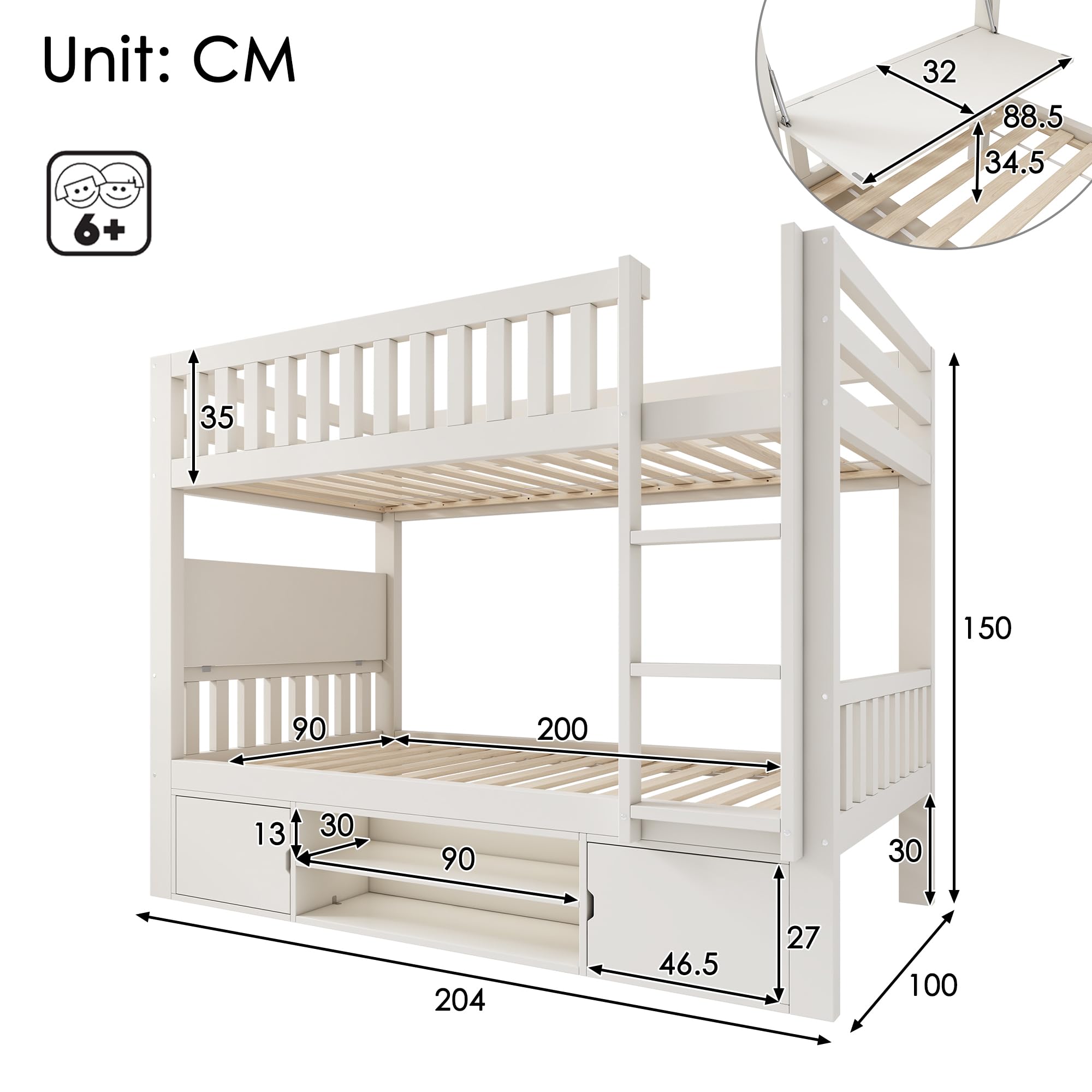 Cama alta para niños, 90 x 200 cm, color blanco, con tablero plegable y zapatero integrado, somier, solución todo en uno, certificado EN747, sin colchón