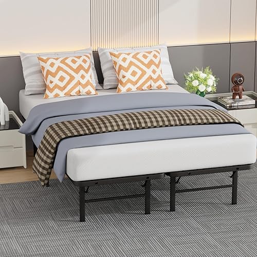 Miniatura 21 de Marco de cama de metal corto Queen con plataforma de metal plegable, listones de acero recubiertos duraderos con instalación sin herramientas, sin