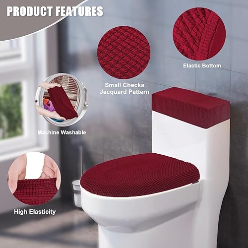 Miniatura 10 de Funda para tapa de inodoro y tanque de inodoro, juego de fundas elásticas para inodoro para baño, tela jacquard de poliéster y elastano, lavable a