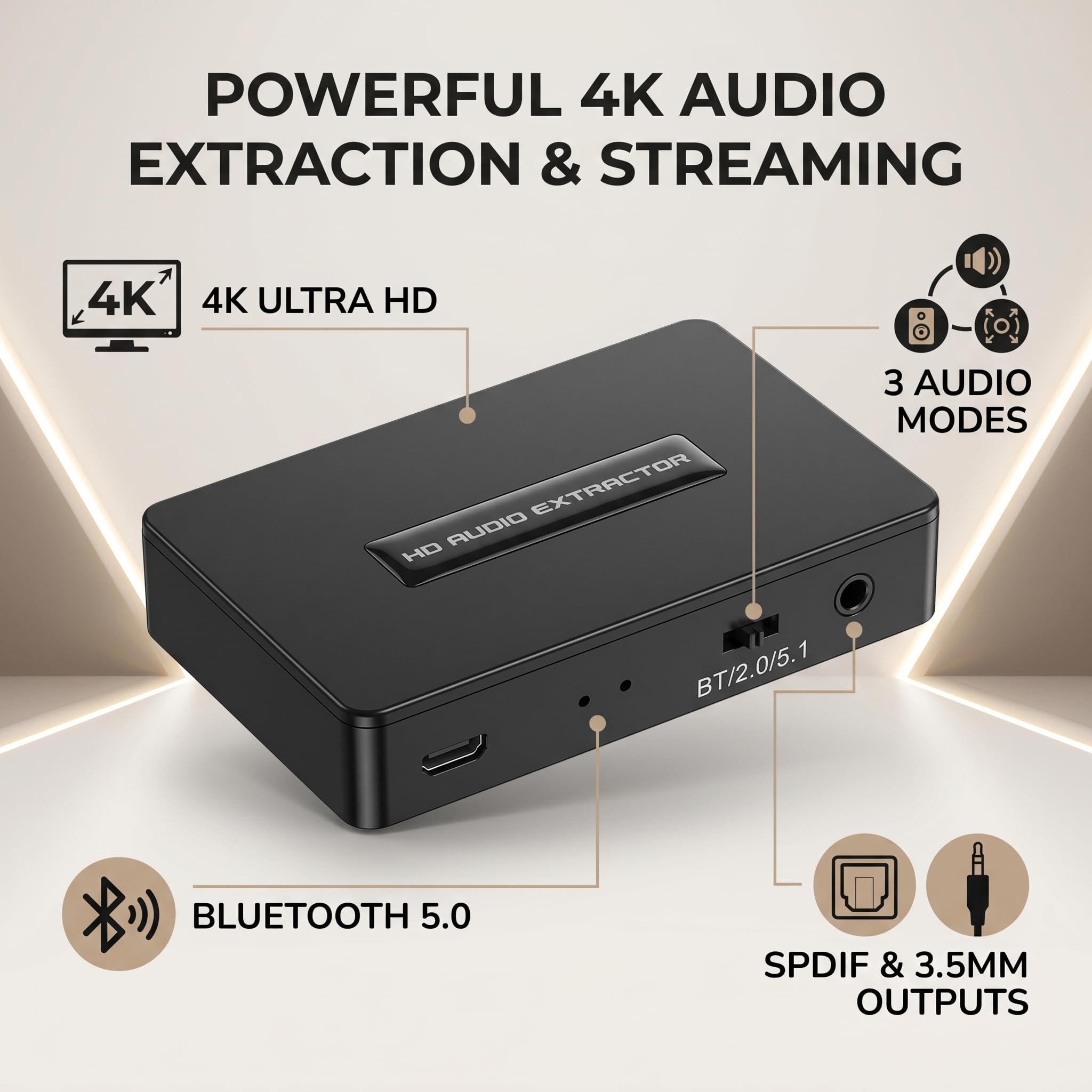 ASHATA Estrattore Audio HDMI Convertitore 4K 30Hz, HDMI a HDMI Bluetooth SPDIF 3,5 Mm Estrattore Audio Splitter Supporto Bluetooth 2.0CH 5.1CH, per Altoparlante PC Portatile