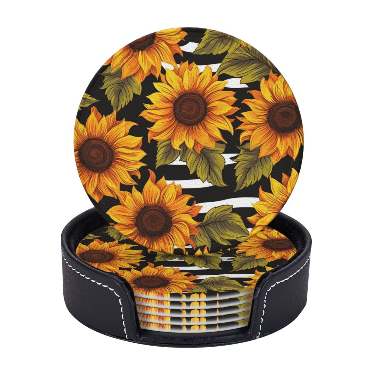 Drink Coasters 6Pcs Round Leather Coaster with Holder Sunflowers Coasters for Drinks Coffee Cup Mat Heat Resistant Coaster for Tabletop Protection Desk Accessories Office Home Decor