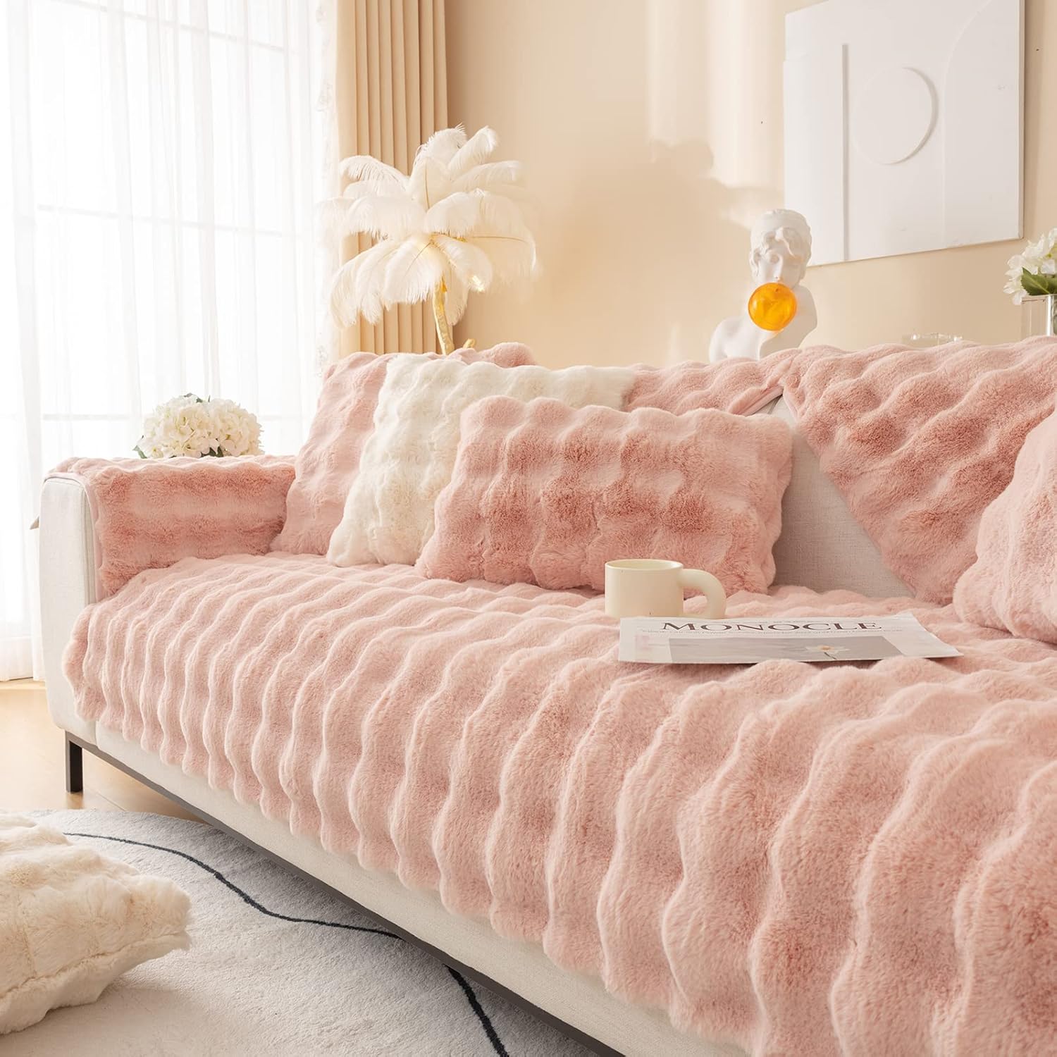 ele ELEOPTION Couch Cover Sectional Sofa Cushion Slipcovers Covers Warm Fluffy Couch Cushion Covers Furniture Protector (Width 36inch, Length 63 inch, 1 Piece) Pink