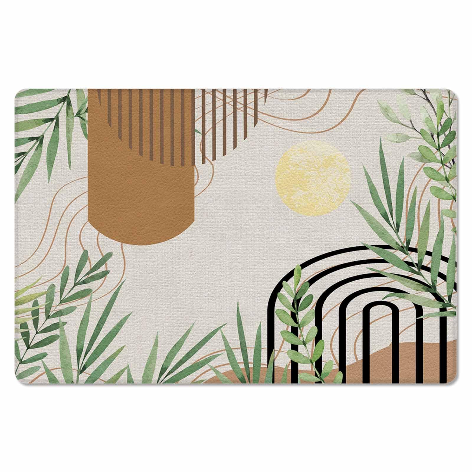 Boho Leaves Kitchen Bath Door Mat Cushioned Runner Rug,Washable Welcome Floor Sink Antifatigue Mat,Waterproof & Non-Slip Comfort Standing Doormat,Abstract Geometric Vintage Brown Black 18