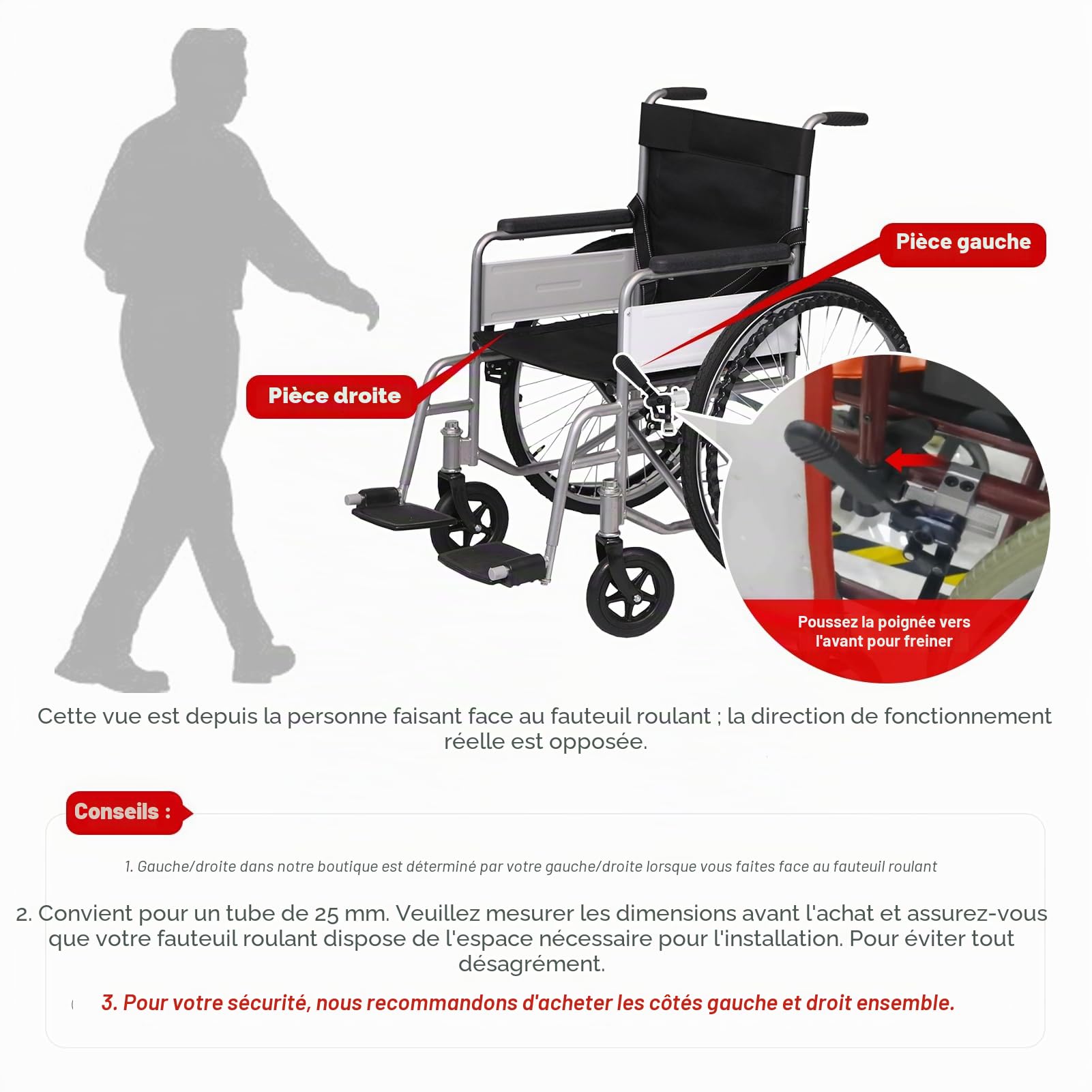 Frein de Stationnement pour Fauteuil Roulant - Pièce de Rechange - Frein à Main - Accessoire pour Fauteuil Roulant (Droite)