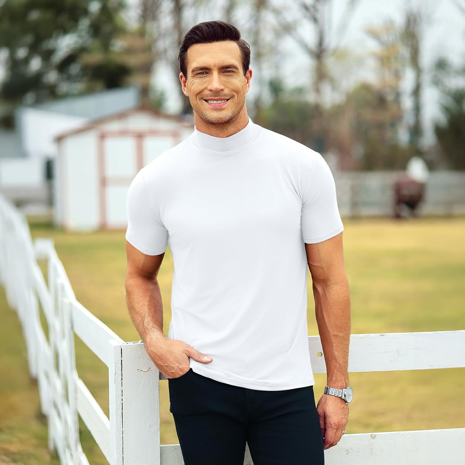 T Shirt Slim Fit Mock Turtleneck Mens Silk T Shirts For Men