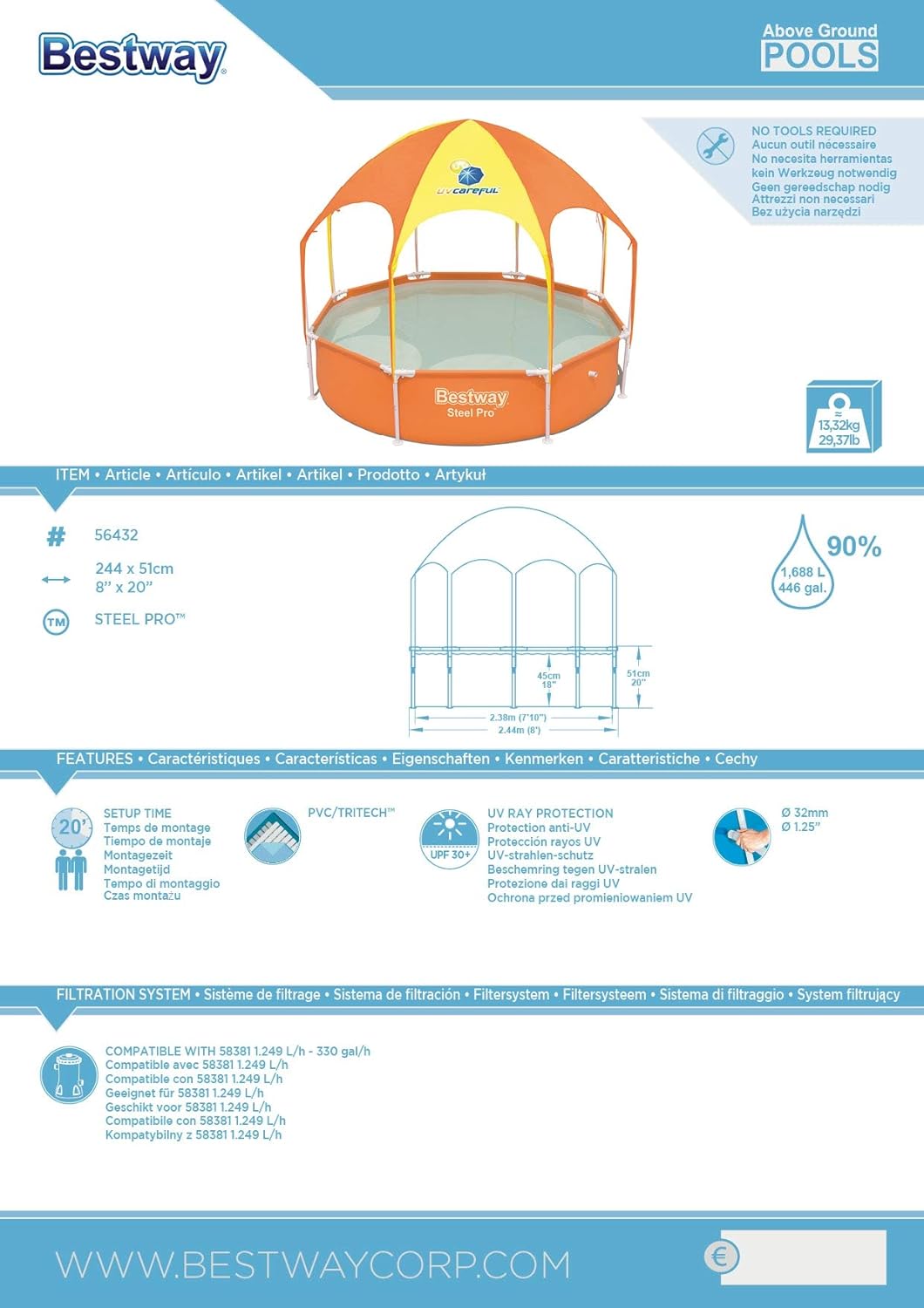Bestway Steel Pro Pool packaging showing components and features.
